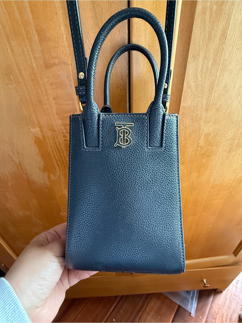 Burberry Black Pebbled Leather TB Monogram Mini Tote